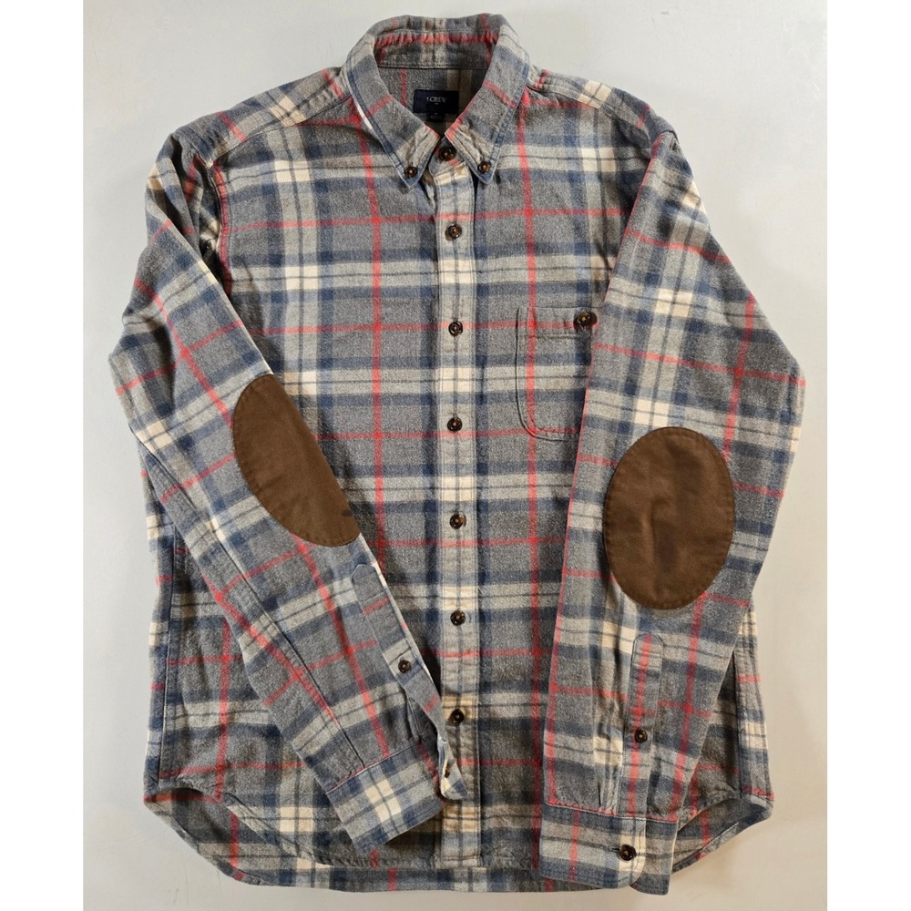 J.Crew Mens M Plaid Flannel Shirt Brown Elbow Patches Grey Blue Red